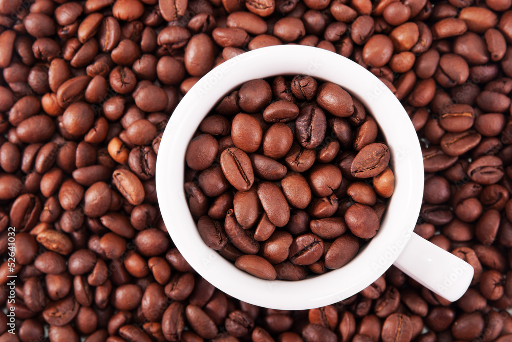 coffee beans and white cup top view coffee beans and white cup top view
