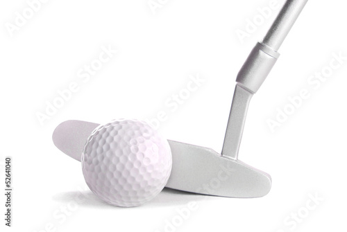 Golf ball and club, isolated on white