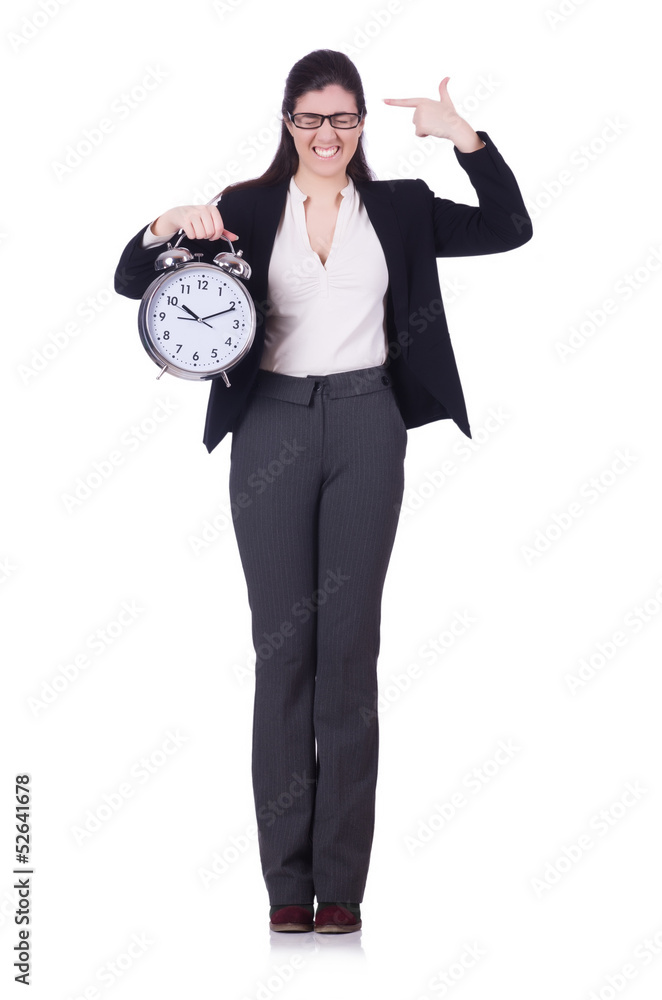 Woman with clock isolated on white Woman with clock isolated on white