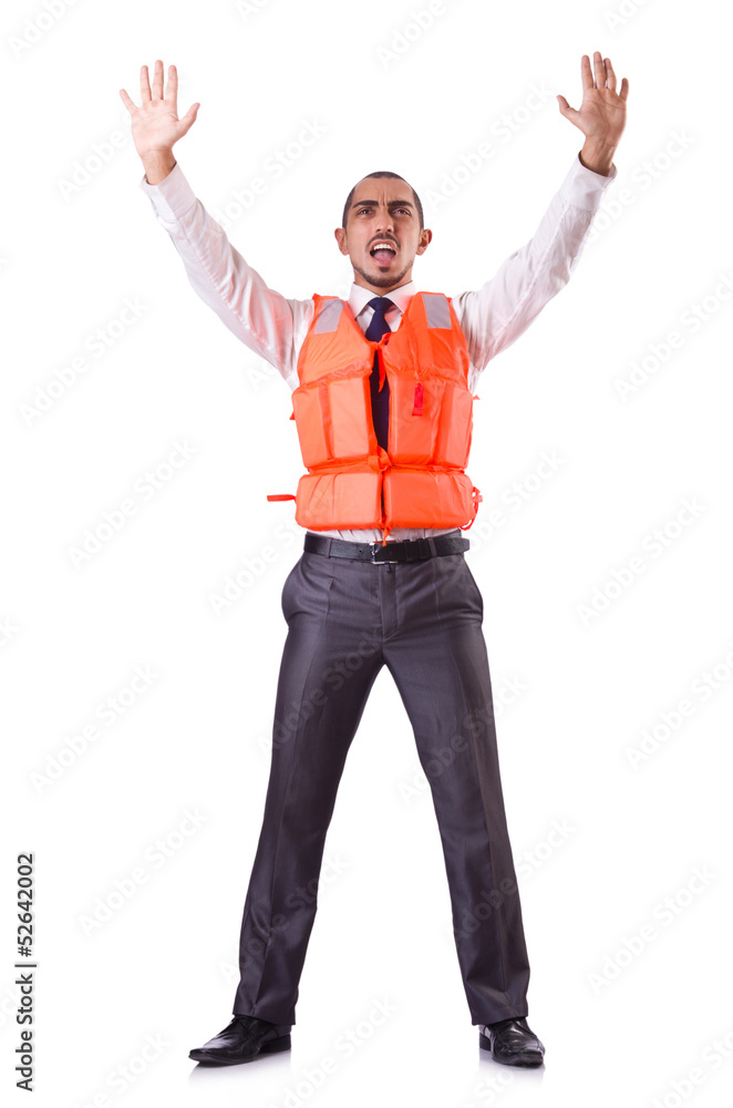 Man in life jacket isolated on white Man in life jacket isolated on white