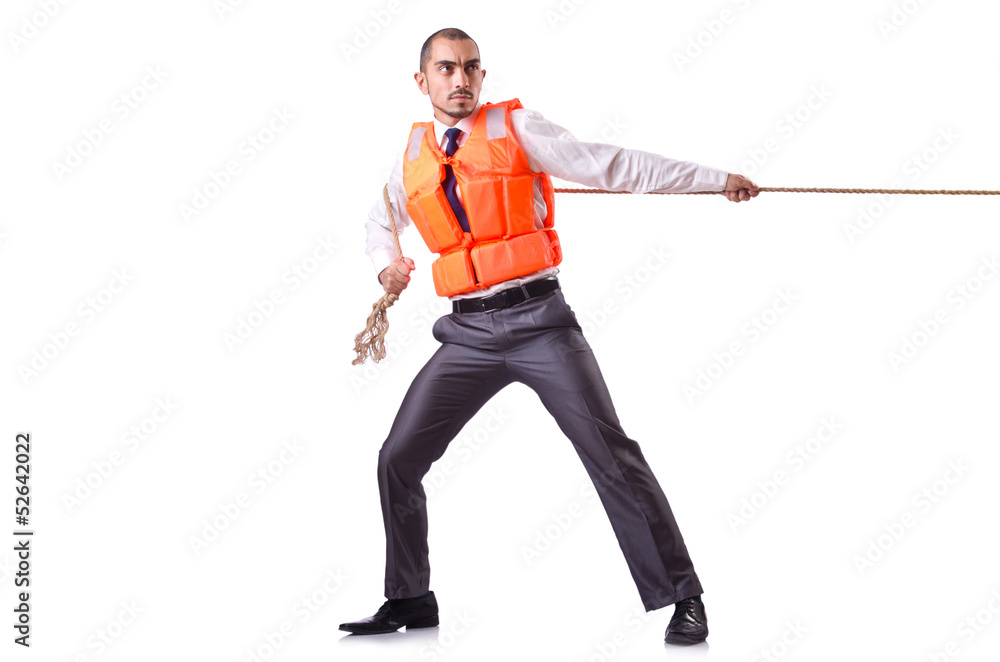Man in life jacket isolated on white