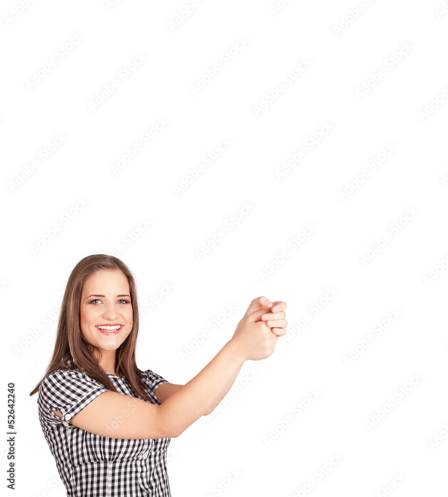 Young lady gesturing with copy space Young lady gesturing with copy space