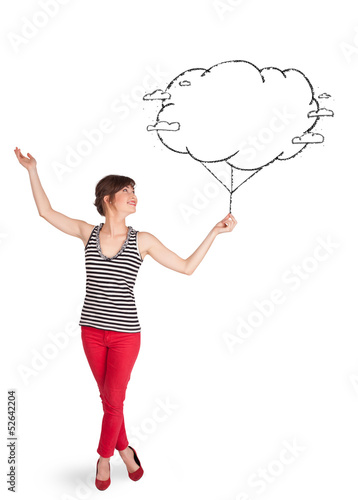 Young lady holding cloud balloon drawing