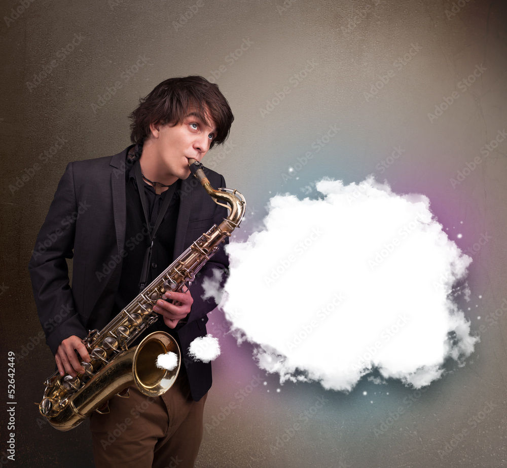 Naklejka premium Young man playing on saxophone with copy space in white cloud