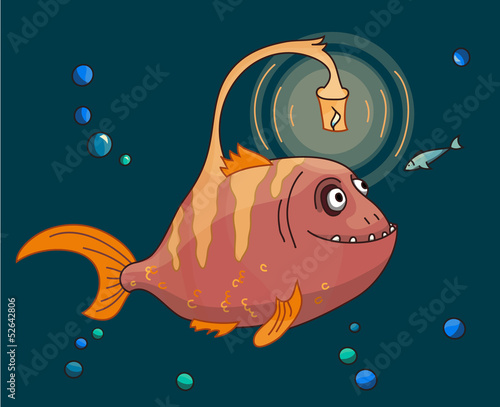 Cute pink Angler fish underwater with his small friend