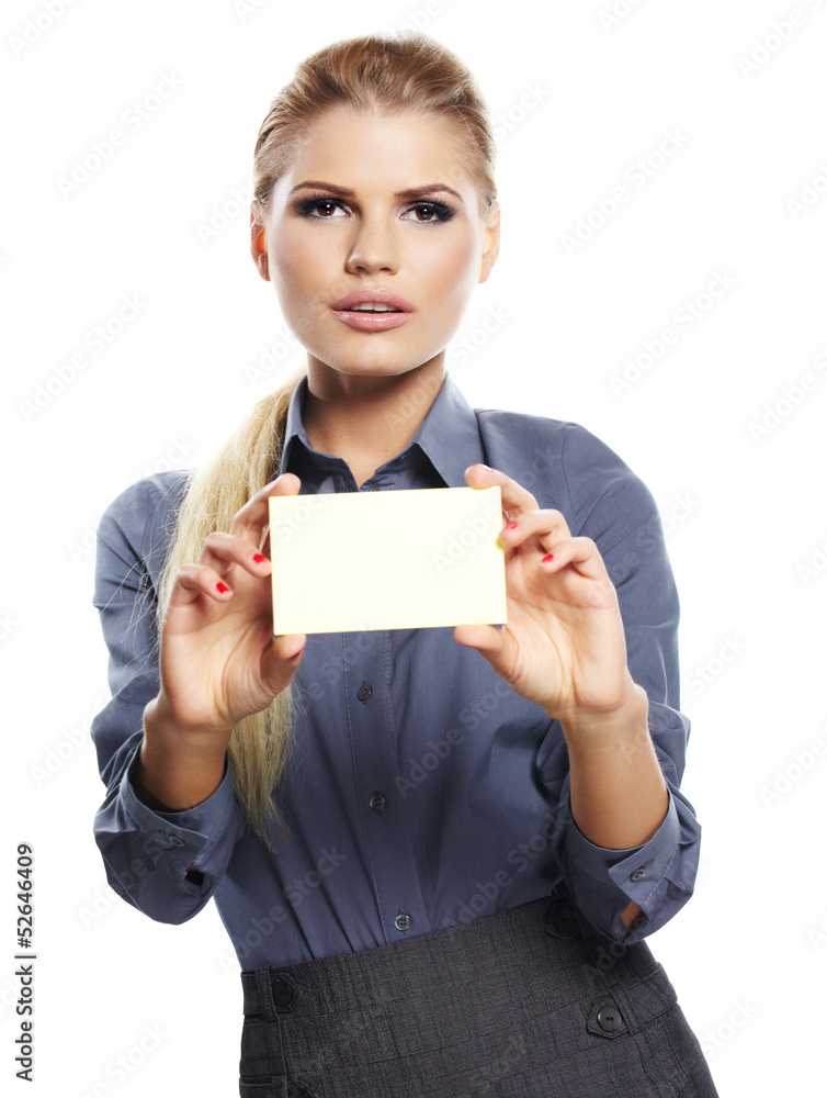 Happy blond woman showing blank credit card. Happy blond woman showing blank credit card.