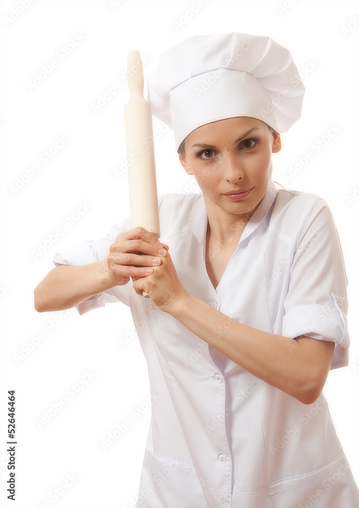 Baker / Chef woman holding baking rolling pin, isolated on white Baker / Chef woman holding baking rolling pin, isolated on white