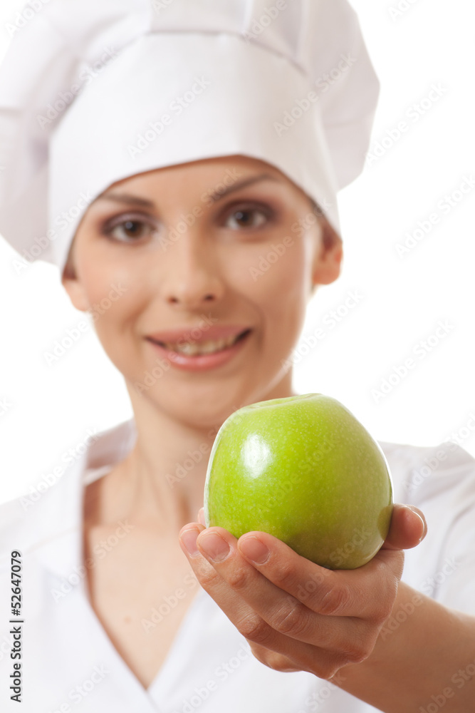 Smiling woman cook with apple, isoladed on white background Smiling woman cook with apple, isoladed on white background