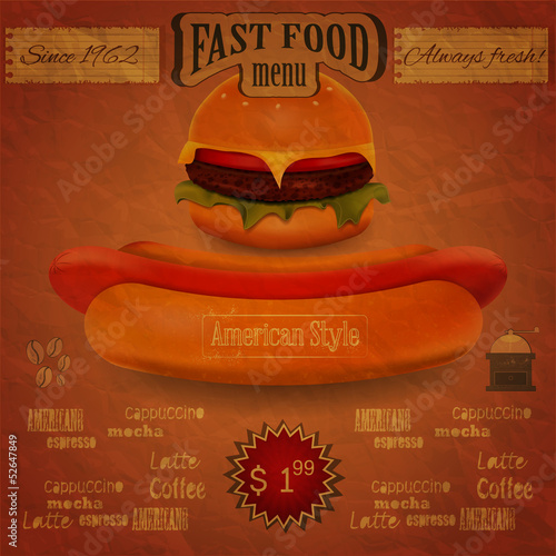 vintage fast food menu - the food on crumpled paper background