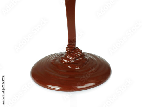 Melting chocolate dripping on white background .
