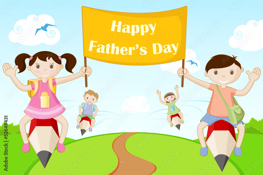 Obraz premium Kids flying with Happy Father's Day Banner