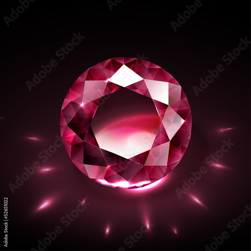 Realistic shiny ruby on black background with light reflections