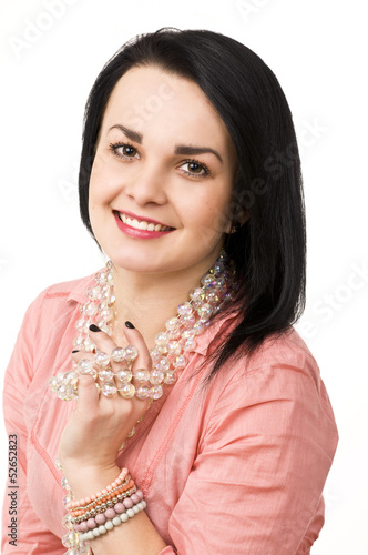 A beautiful woman with glass necklace.