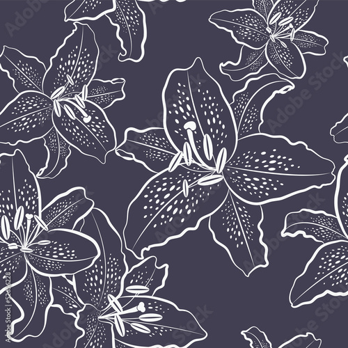 Seamless pattern, white lily on a black background