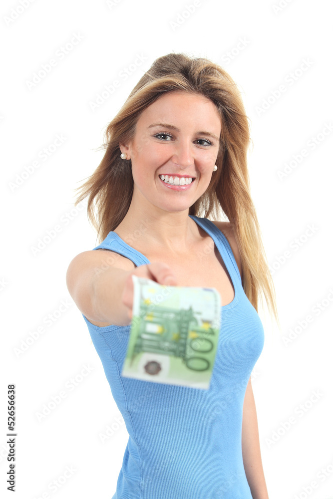 Woman paying with a one hundred euros banknote Woman paying with a one hundred euros banknote