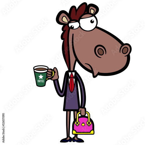 cartoon office horse with a cup of coffee and a briefcase