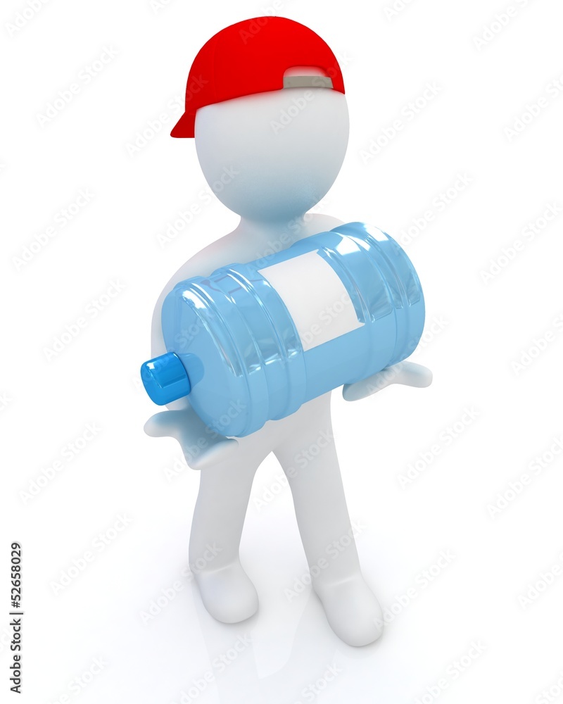 3d man carrying a water bottle with clean blue water 3d man carrying a water bottle with clean blue water