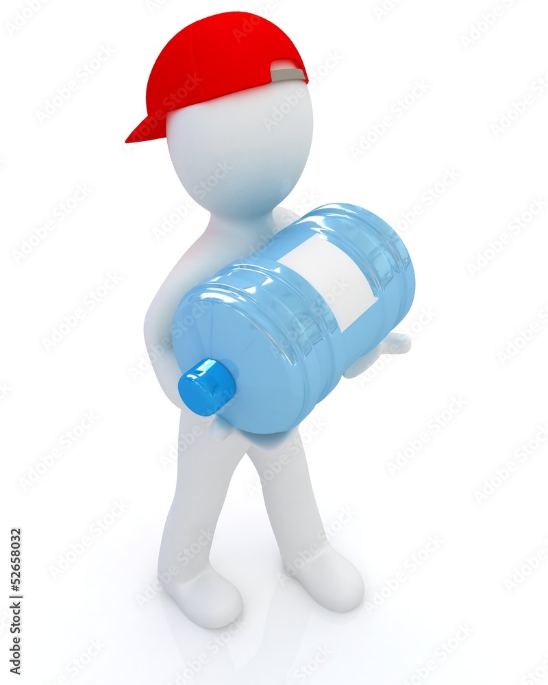 3d man carrying a water bottle with clean blue water 3d man carrying a water bottle with clean blue water