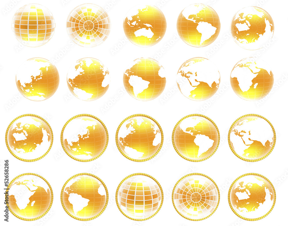 Set of yellow 3d globe icon with highlights