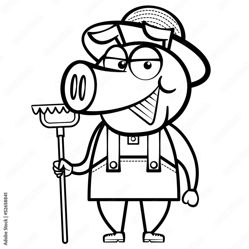 Obraz premium cartoon pig farmer with rake