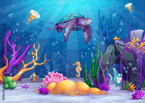 Illustration of the underwater world with fish and turtle.