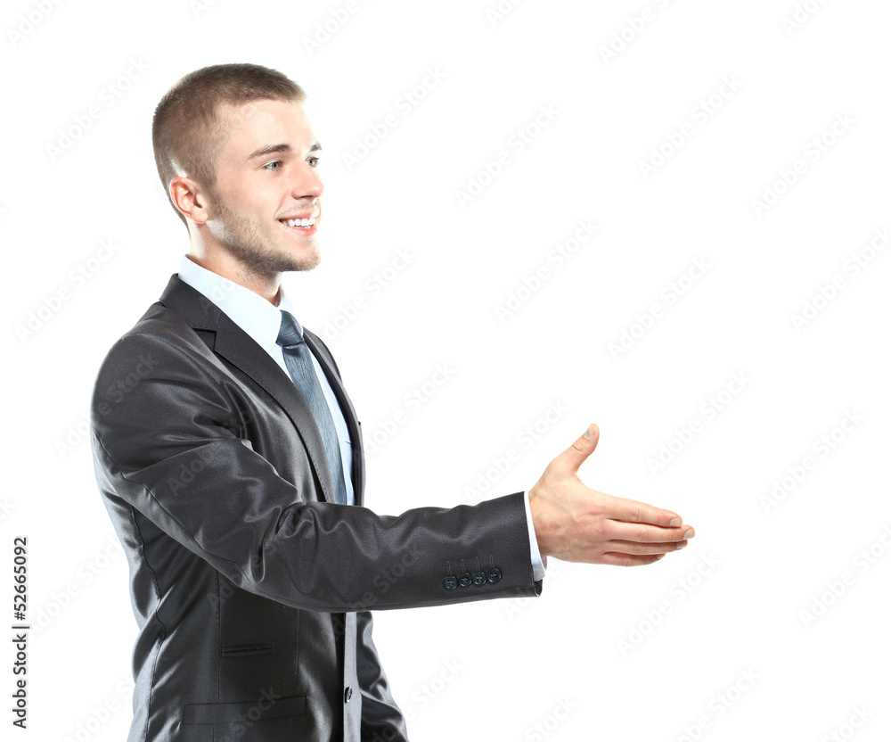 Business man saying welcome by giving the hand for shake Business man saying welcome by giving the hand for shake