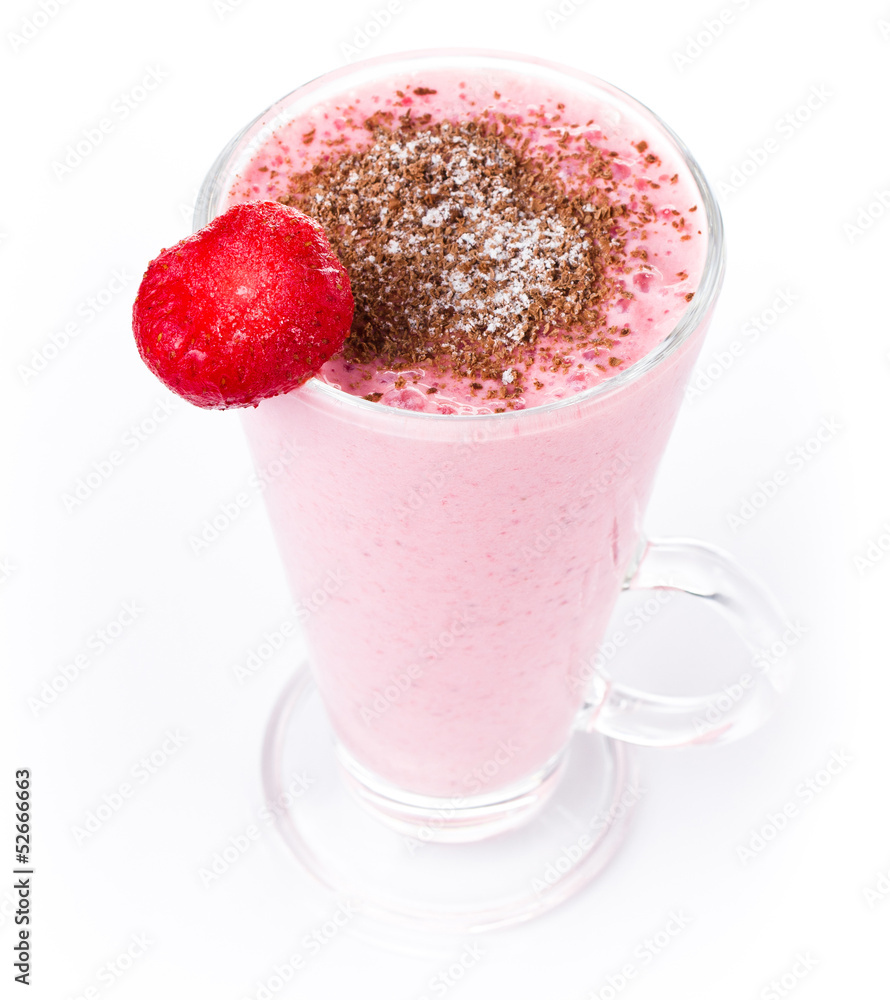 Blended fruit strawberry smoothie with creamy yoghurt on white b Blended fruit strawberry smoothie with creamy yoghurt on white b