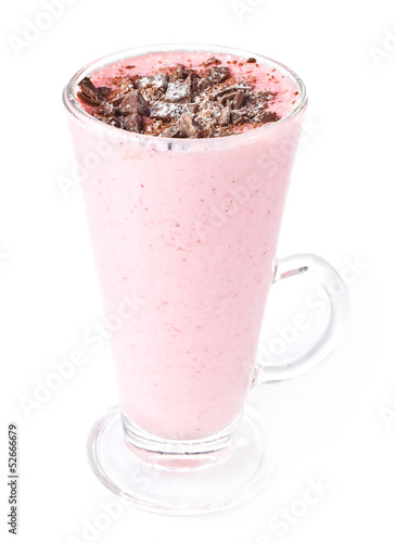 Fresh red strawberry smoothie with chocolate on the top, on whi