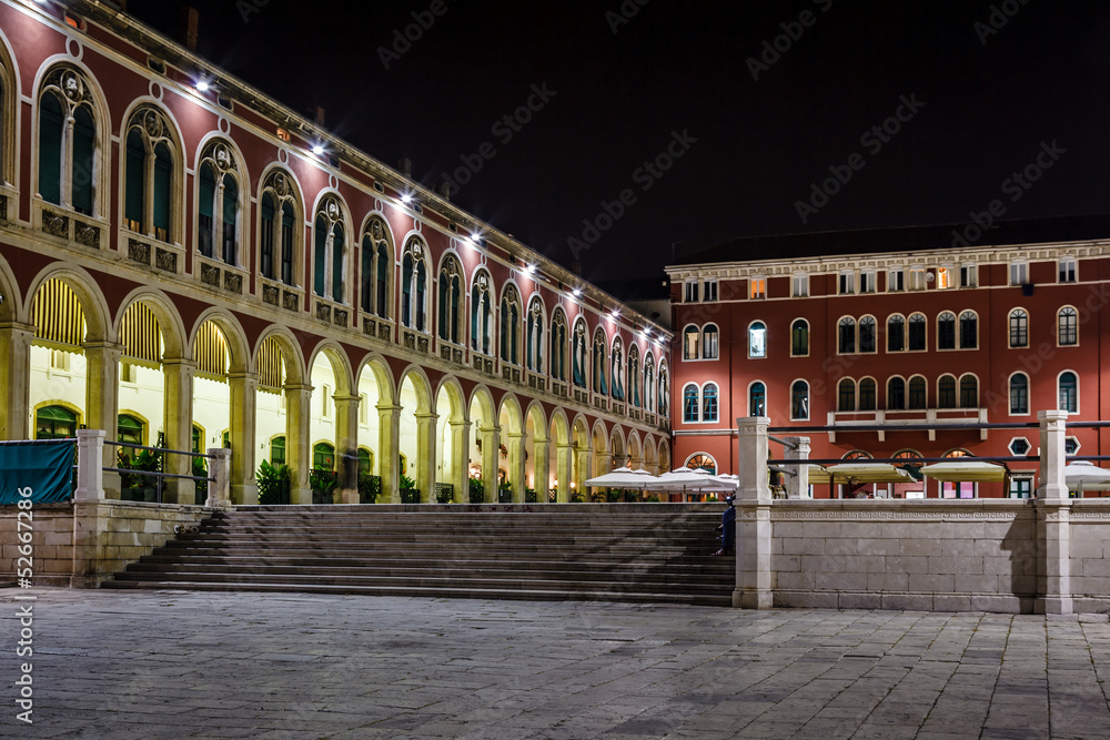 Republic Square in Split at Night, Dalmatia, Croatia