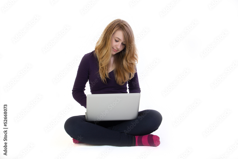 Naklejka premium Sitting Girl with Laptop