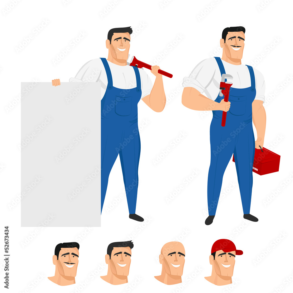 Funny plumber mascot in different poses Funny plumber mascot in different poses