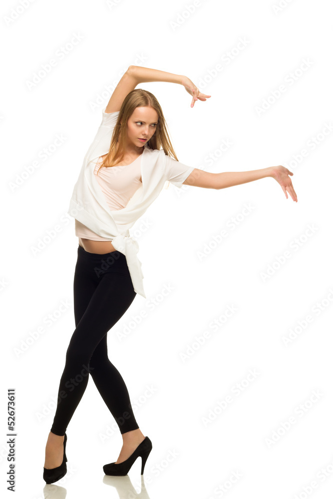 Young beautiful modern dancer performing isolated over white bac Young beautiful modern dancer performing isolated over white bac