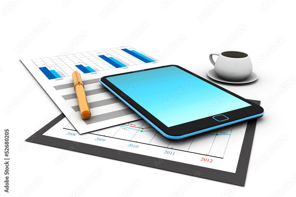 Business stocks on tablet with coffee Business stocks on tablet with coffee
