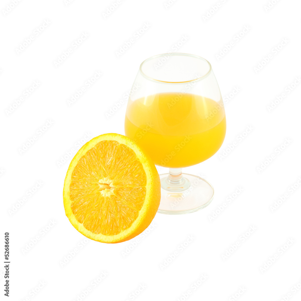 Orange juice in brandy glass and half fruit on white background. Orange juice in brandy glass and half fruit on white background.