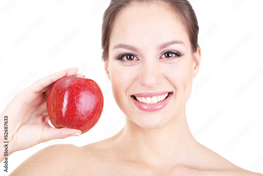 Smiling woman with apple isolated on white Smiling woman with apple isolated on white