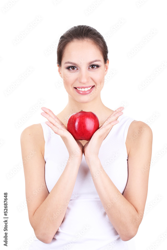 Smiling woman with apple isolated on white Smiling woman with apple isolated on white