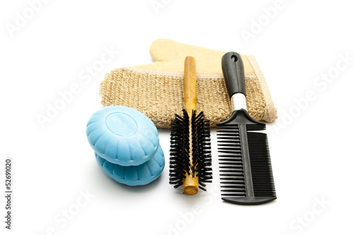 Haarbürste mit Massage Handschuh und Blauer Seife