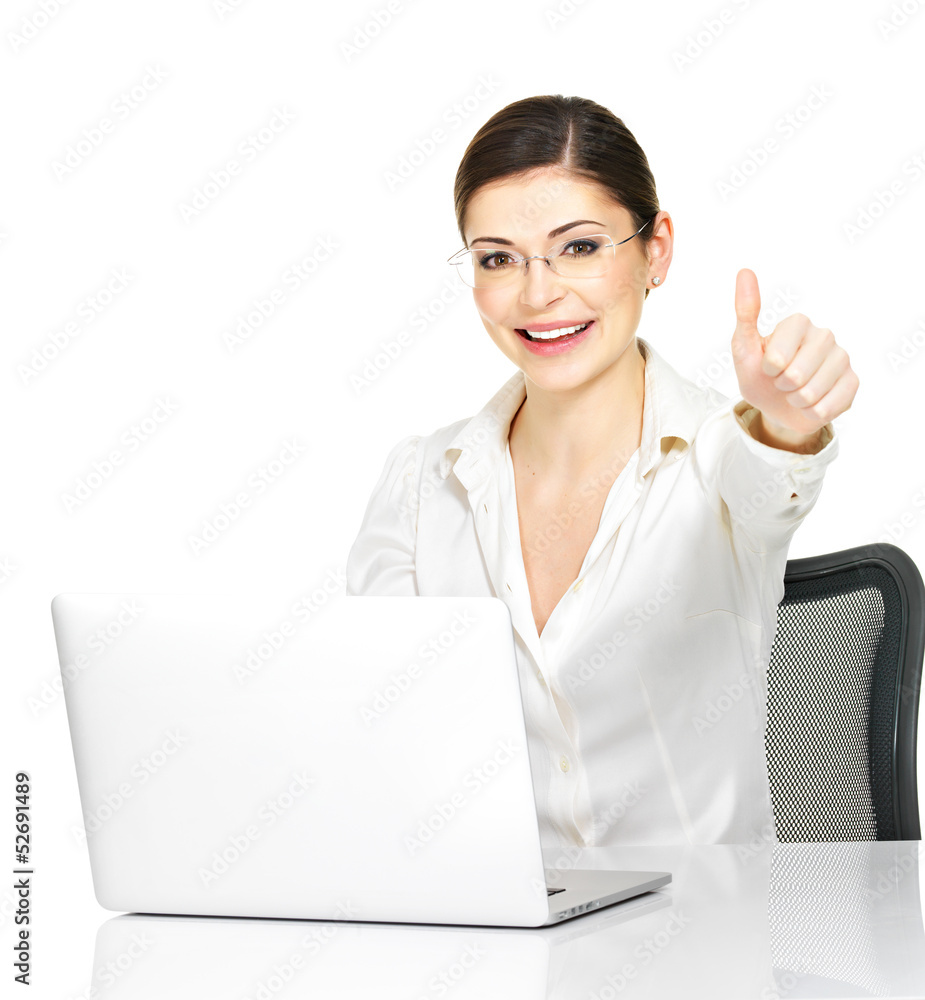 Woman and laptop with thumbs up sign Woman and laptop with thumbs up sign