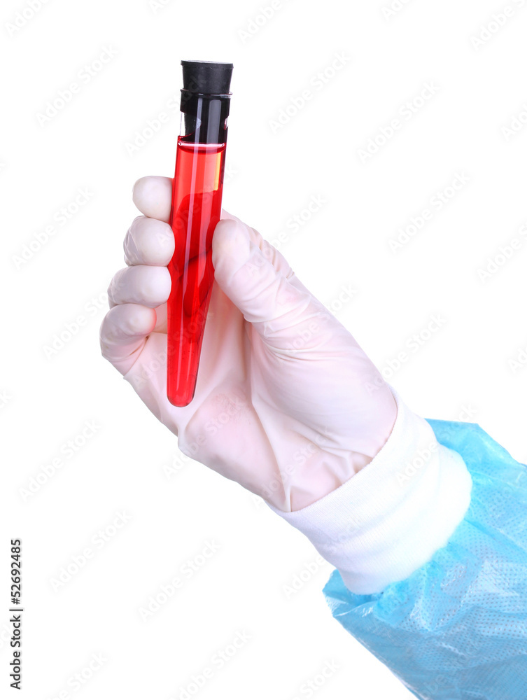 Glass tube with fluid in scientist hand during medical test Glass tube with fluid in scientist hand during medical test