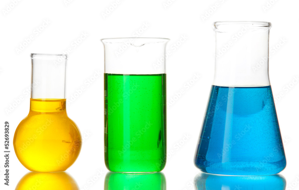 Test tubes with colorful liquids isolated on white Test tubes with colorful liquids isolated on white
