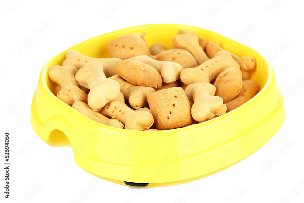 Dry dog treats in bowl isolated on white Dry dog treats in bowl isolated on white
