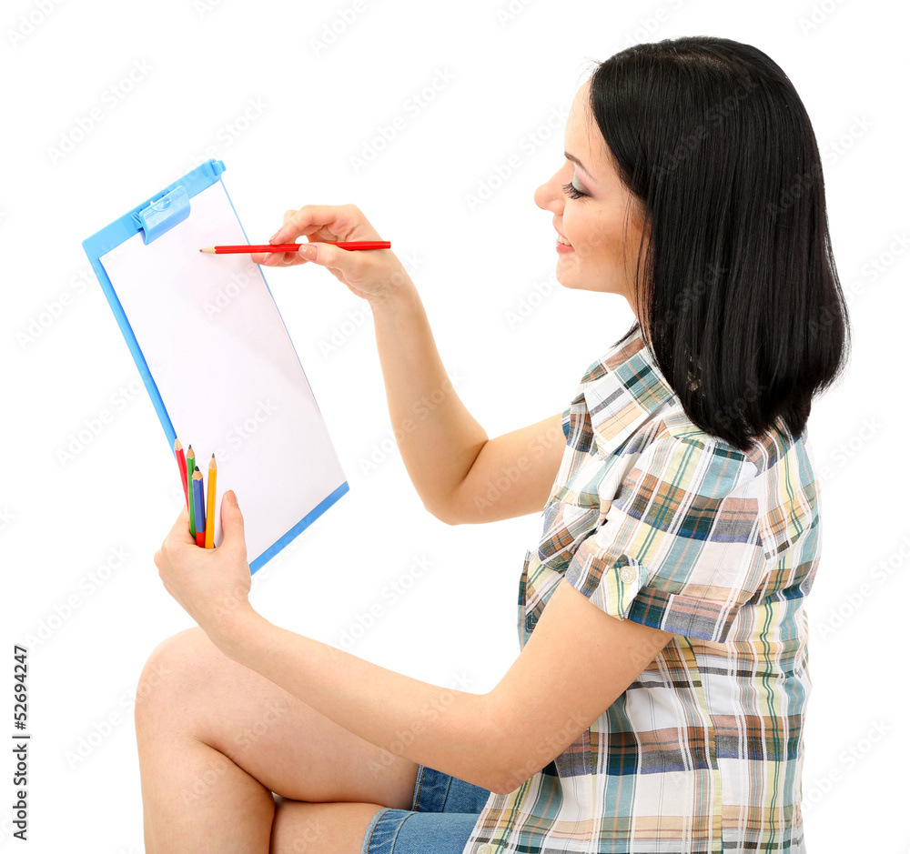 Beautiful young woman painter at work, isolated on white Beautiful young woman painter at work, isolated on white