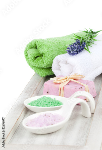 aromatic soap and bath salt for relaxation, isolated on white ba photo