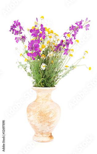 Bouquet of wild flowers in vase, isolated on white