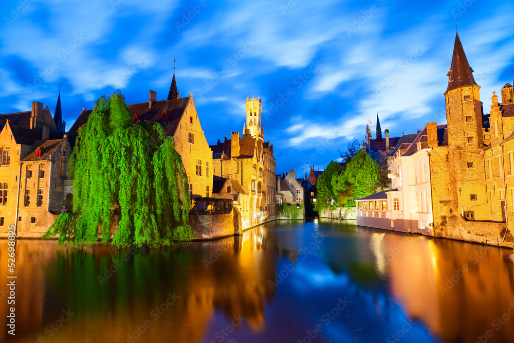 Famous view of Bruges at night