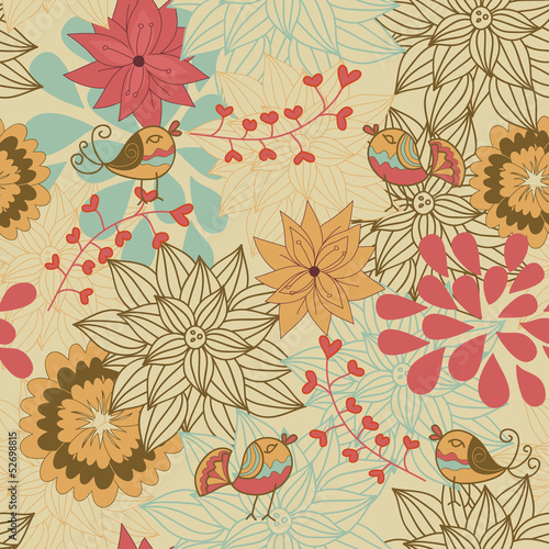 vector seamless flower background with birds