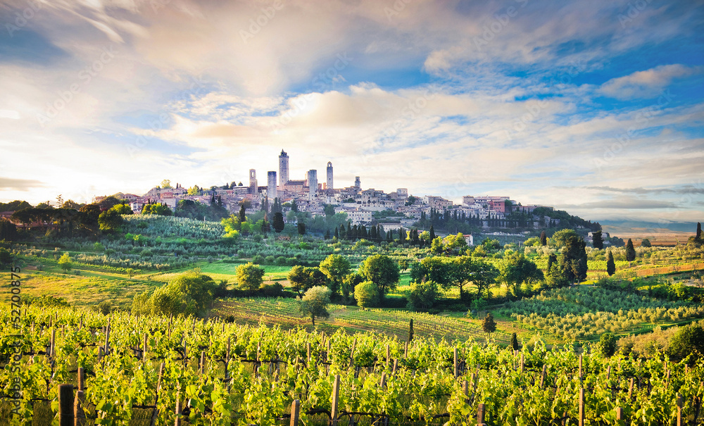 Scenic landscape with San Gimignano at sunset, Tuscany, Italy