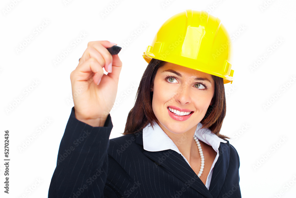 Engineer woman writing on white backgorund. Engineer woman writing on white backgorund.