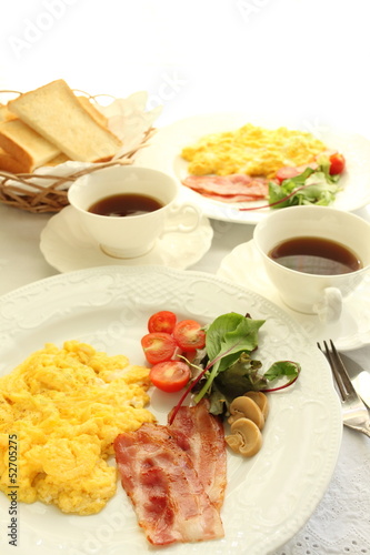 gourmet western breakfast, scrambled egg and bacon