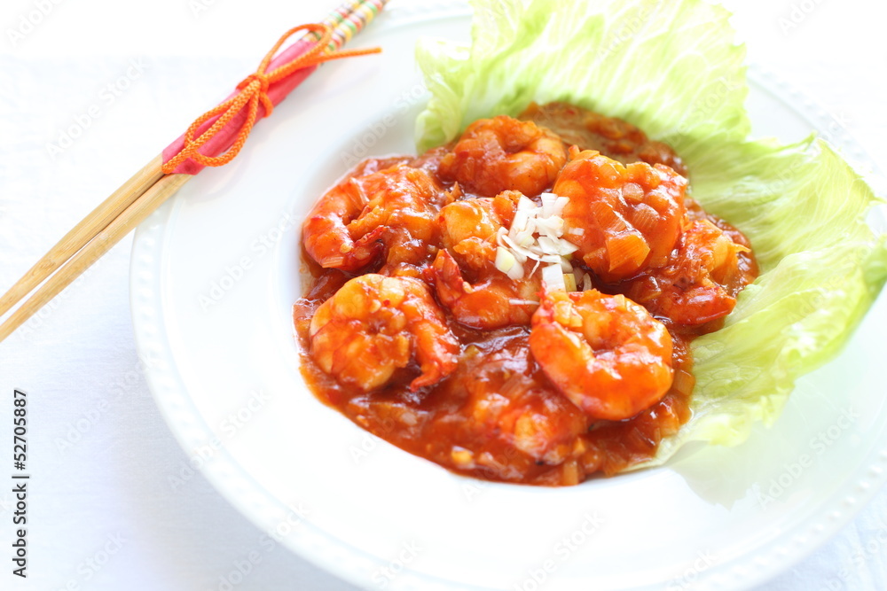 chinese cuisine, ketchup prawn on lettuce for gourmet food image chinese cuisine, ketchup prawn on lettuce for gourmet food image
